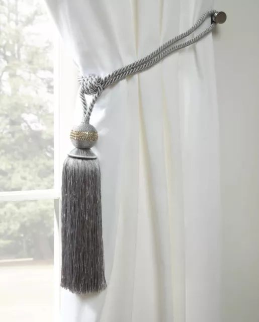 2 x Diamante Glitter Rope Tassel Silver Tie backs Holdbacks Curtains Voiles 71cm