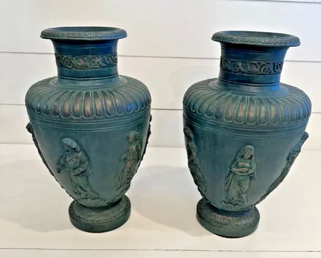 Pair Austin Sculpture 1972 Neoclassical Faux Bronze Decorative Vases Urns-15"