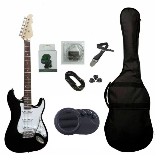 Chitarra Elettrica Stratocaster Nera Kit Amplificatore Set Completo e Accessori