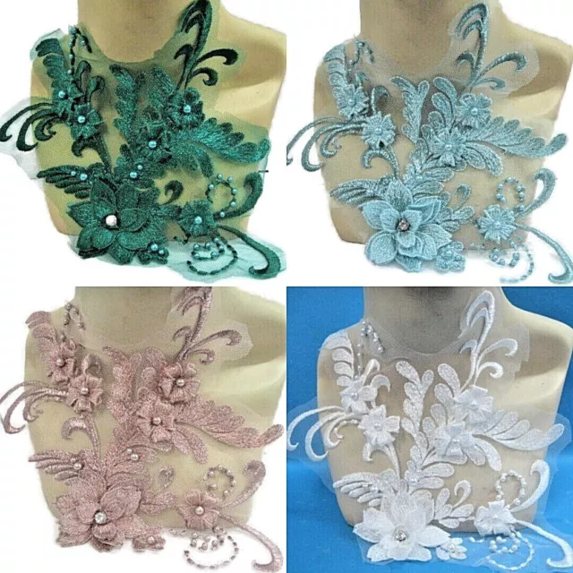 Blue Pink Green White 3D Lace Applique Beaded Trim for Tutu Dance Costume #92L