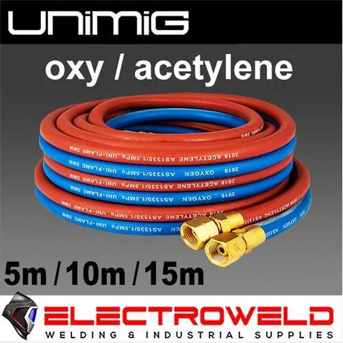 UNIMIG 5m 10m 15m Twin Gas Hose Set, Oxy Acetylene Oxygen Acet, Welding Blue Red