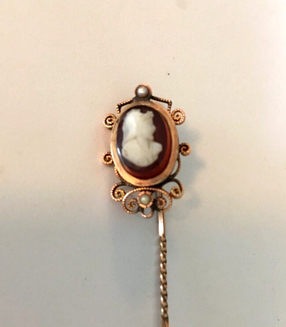 Vintage Cameo Stick Pin, Glass Roman Soldier, Unknown Base, Gold Filled, Seed Pe