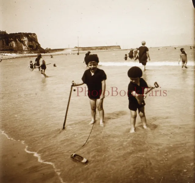 France Enfants à la plage c1930 Photo Plaque Stereo Vintage V33L19n