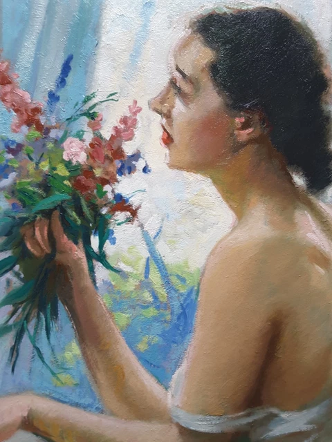 RITRATTO DI DONNA con fiori quadro ad olio su tela cm 40 x 30 Bella e delicata