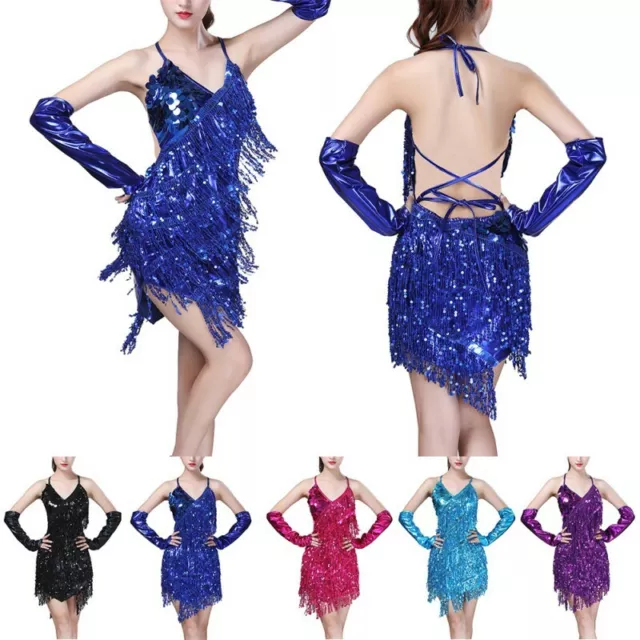 Women Sequin Tassel Latin Jazz Tango Rumba Belly Dance Dress Ballroom Costume