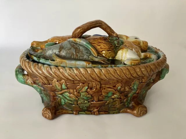 Vintage Majolica Game Tureen with Rabbit and Duck Decorated Lid Minton Style