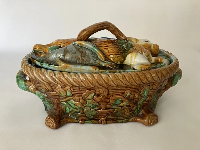 Vintage Majolica Game Tureen with Rabbit and Duck Decorated Lid Minton Style Vintage Majolica Game Tureen with Rabbit and Duck Decorated Lid Minton Style