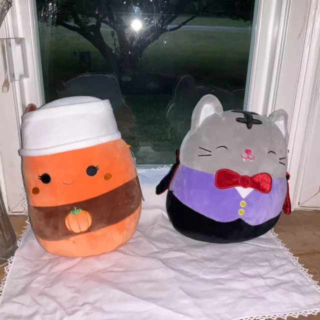 NWT 8” Paislynn PUMPKIN LATTE SQUISHMALLOW~ 8” Vampire Cat ~LOT OF 2😺🧋🎃￼