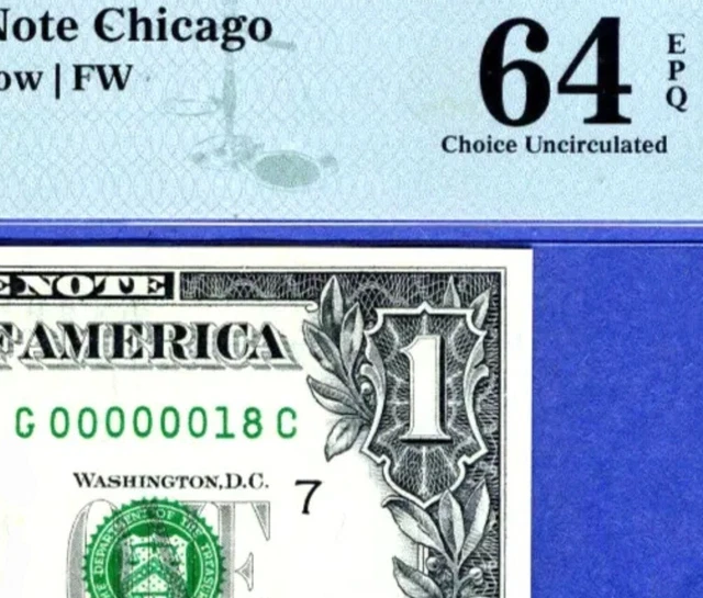 FANCY LOW 2-DIGIT # 00000018 near-BINARY serial number $1 = PMG 64 EPQ / non