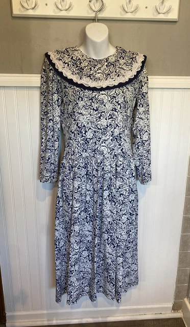 Lanz Originals Long Vintage Dress Blue Floral Medium