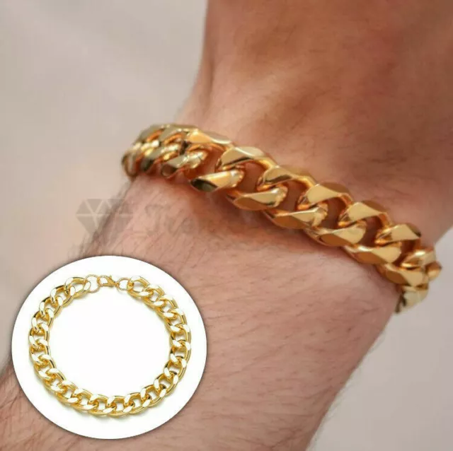 18K Gold Plated Stainless Steel Cuban Curb Chain Chunky Charm Cuff Bracelet 11MM