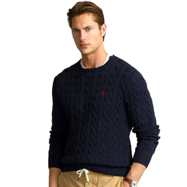 Ralph Lauren Cable Jumper Knit Polo Men's Long Sleeve Crew Neck Cotton Sweater M