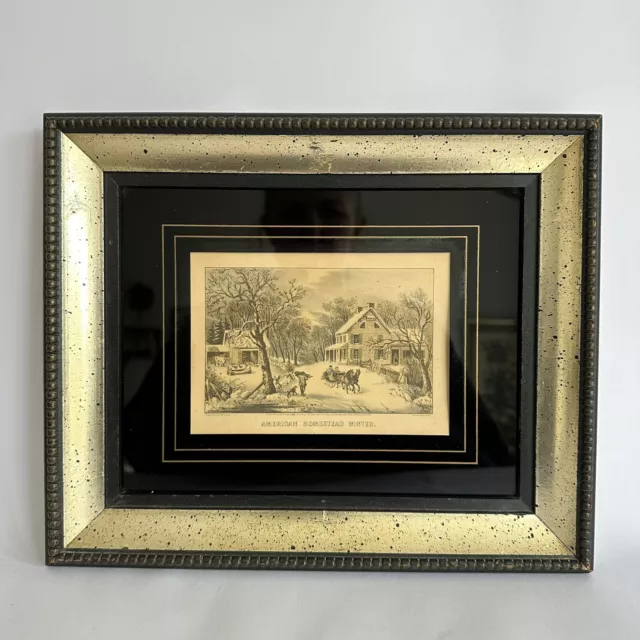 Antique Vintage Framed Hand Coloured Lithograph 1872 American Homestead Winter