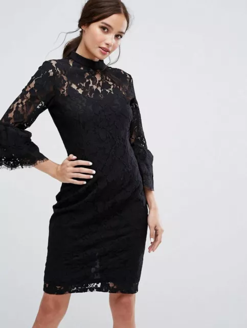Womens Black High Neck Lace Midi Dress With Double Frill Sleeve - UK Size 10