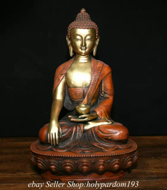 12.4" Old China Bronze Gilt Shakyamuni Amitabha Buddha Jar Statue Sculpture