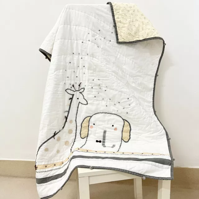 Handmade Giraffe Elephant Embroidered Hand Stitch Baby/Toddler Cotton Crib Quilt