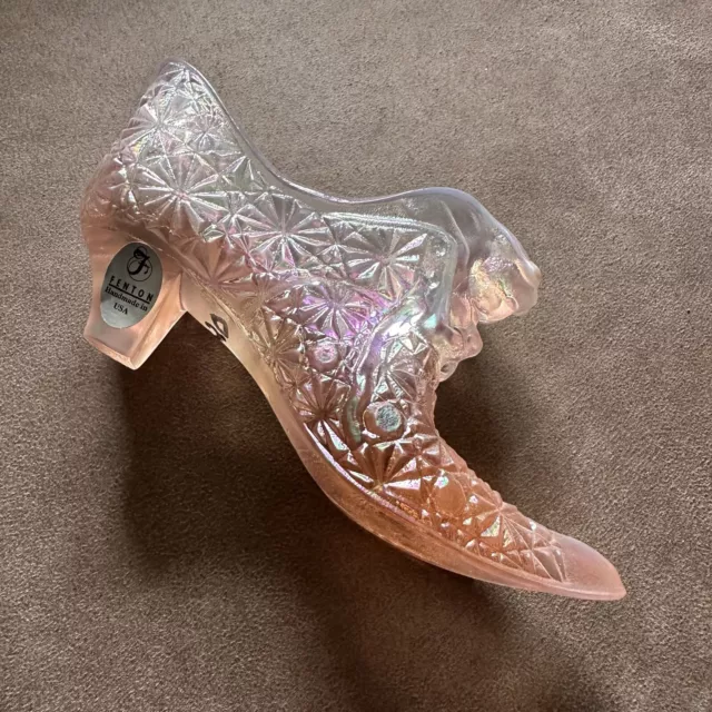 Vintage Fenton Usa Pink Iridescent Pressed Glass Cat Boot Heal Shoe 2