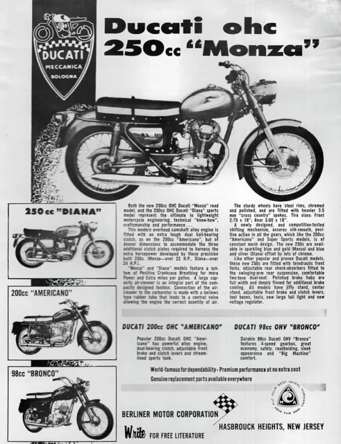 1961 Ducati Monza Diana Americano & Bronco Motorcycle Original Print Ad