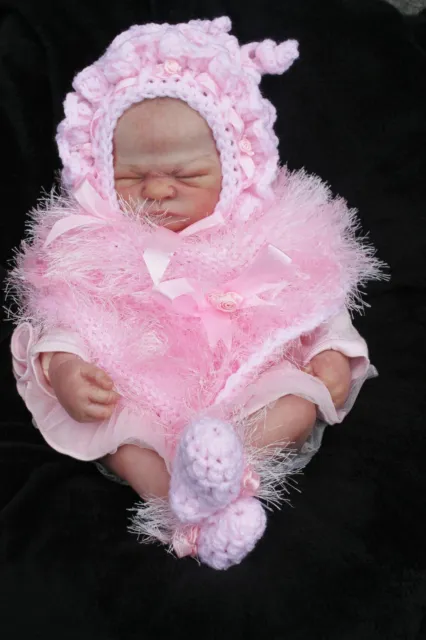 lillbees hand knitted baby girl  reborn pink poncho bonnet shoes  prem nb 0/3