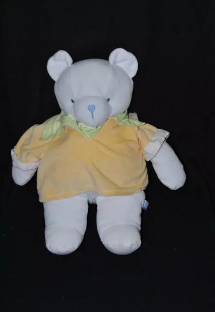 Peluche doudou porte pyjama ours blanc SUCRE D'ORGE pull jaune vert 38 cm TTBE