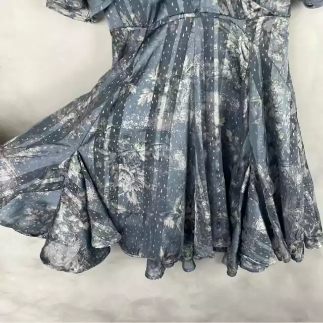 NEW ASOS Foil Floral Godet Pleated Ruffle Open Back Flared Sleeve Mini Dress 00 3