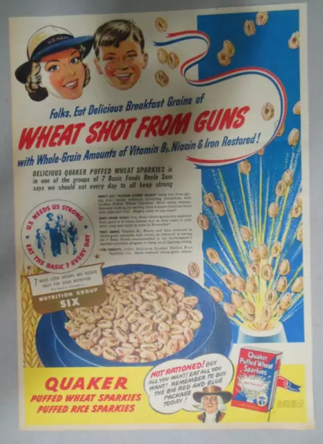 Quaker Cereal Ad: "Wheat Shot From Guns" Wartime from 1943 Size: 11 x 15 inches