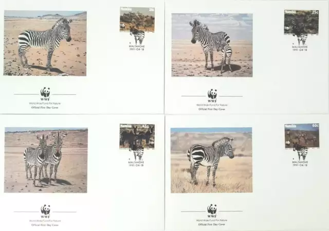 NAMIBIA WWF ANIMAL MOUNTAIN ZEBRA full set on 4 FDC's 1991 #694-7 Mi 702-6