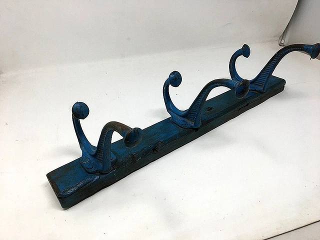 Old Wooden Brass Coat Hanger Hook Blue Painted Wall Fix Tie Hanger Hand Crafted 10