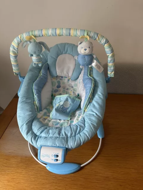 Blue baby bouncer, vibrating musical