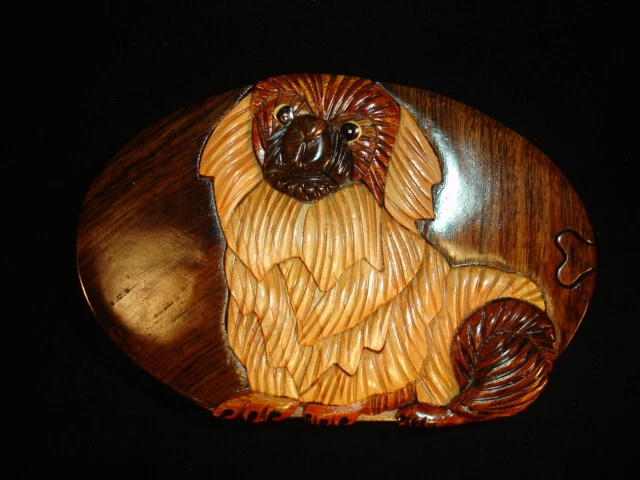 Hand crafted 3D Intarsia Wood Art TIBETAN SPANIEL Dog Puzzle Wooden Box