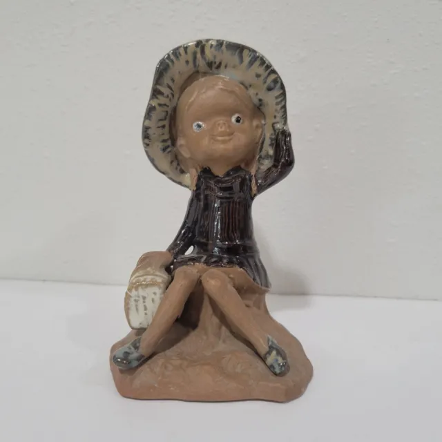 Vintage Redware Clay Pottery Girl Figurine Hand Painted made in Japan 5"