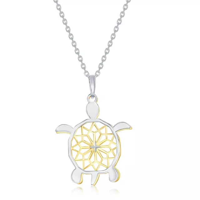 Sterling Silver Two-Tone Fancy Diamond-Cut Design Sea Turtle Necklace