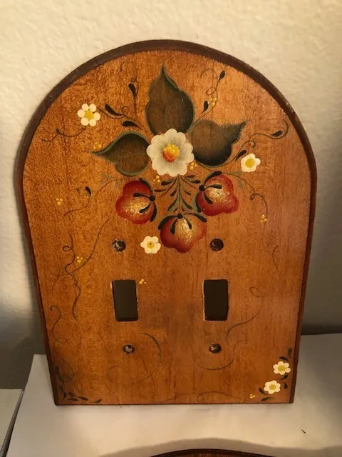 Set of 2 Vintage Hand Painted Wooden Double Light Switch Covers Floral