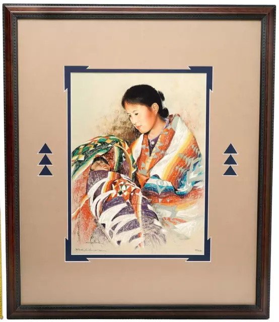 Native American Print Signed Framed Mother Child New Hope by Navajo Silversmith