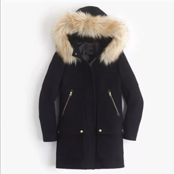 J. CREW Chateau Parka Wool Faux Fur Coat, Size 10 Black Stadium Cloth Nello Gori