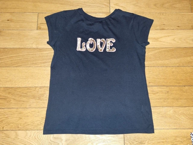 *River Island* T-Shirt Top Ragazze Nere Paillettes Love Slogan Vacanze