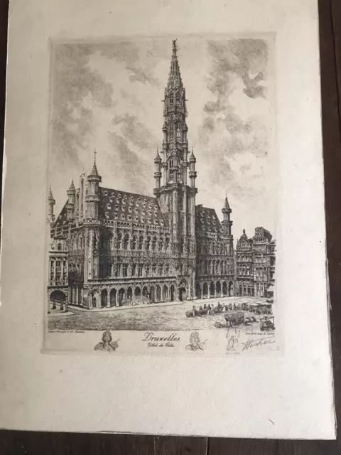 lithographie eau forte Bruxelles Hôtel de ville  XIXème H. Fisher signé