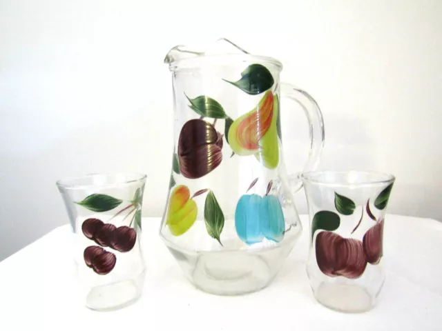 Mid Century Hand Painted Water Pitcher w/2 Tumblers Fruit Pattern