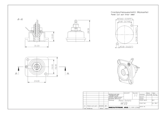 NEUTRIK NF2D-2 Cinch-Einbaubuchse rot vergoldet Type D vernickelt 853852 2