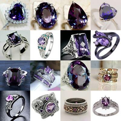 Purple Crystal Zircon Ring Silver Plated Women Party Wedding Rings Gift Size6-10