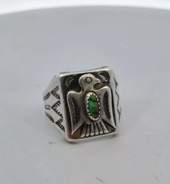 Vintage Sterling Silver Navajo Thunderbird Ring with Turquoise Size 11 Bell