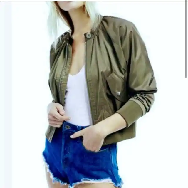 Free People Midnight Satin Bomber Olive Full Zip Size Medium