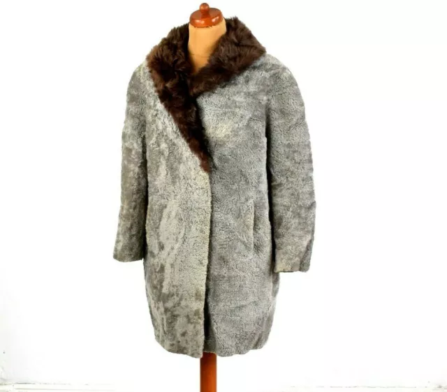 Womens Vintage 60s 70s Grey Faux Fur Coat Retro Boho Mod 12