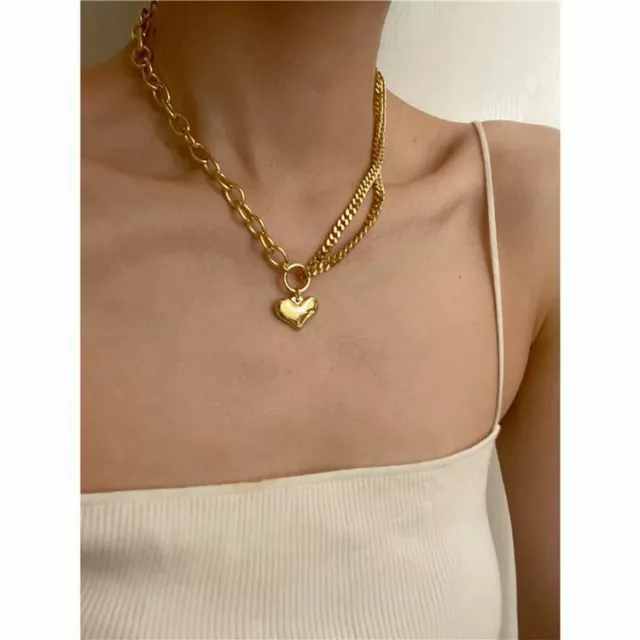 Woman 18K Gold Plated Stainless Steel Heart Charm Thick Rolo Link Chain Necklace