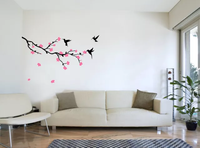 TREE BRANCH with Flowers and Humming Bird - Wall Sticker Bedroom Art Decal