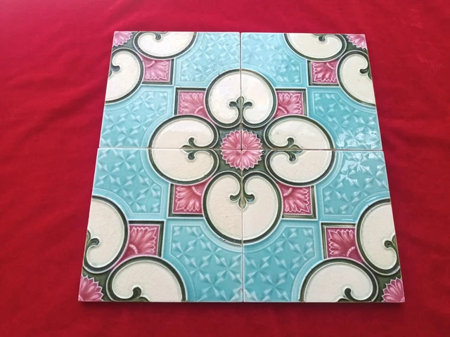 4 Piece Old Art Floral Embossed Design Majolica Ceramic Tiles Japan 0389 2
