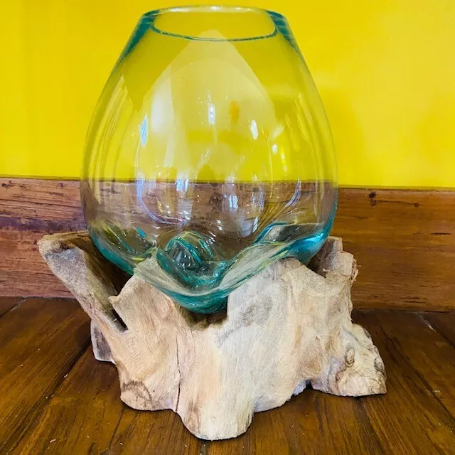 Vaso in vetro fuso su radice ampolla acquario con base in legno porta fiori o...