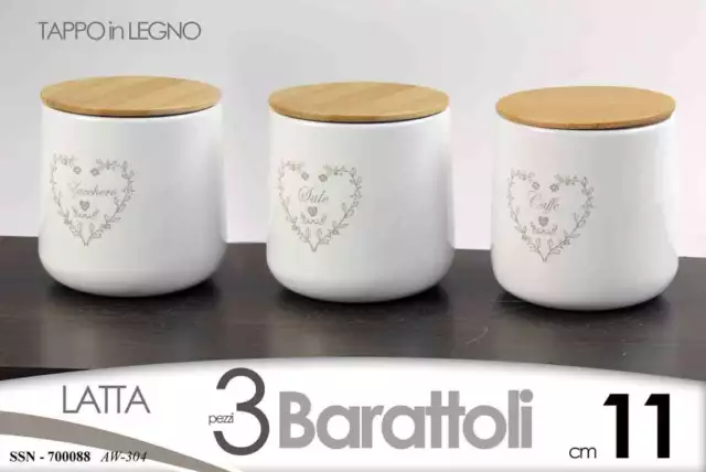 SET 3 Barattoli Sale Zucchero Caffè Tris CUORE Contenitore METALLO TAPPO LEGNO
