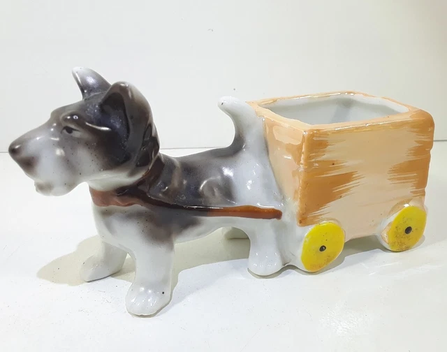 Vintage Ceramic White & Brown Scotty Dog Pulling Cart Planter Luster Japan Vintage Ceramic White & Brown Scotty Dog Pulling Cart Planter Luster Japan