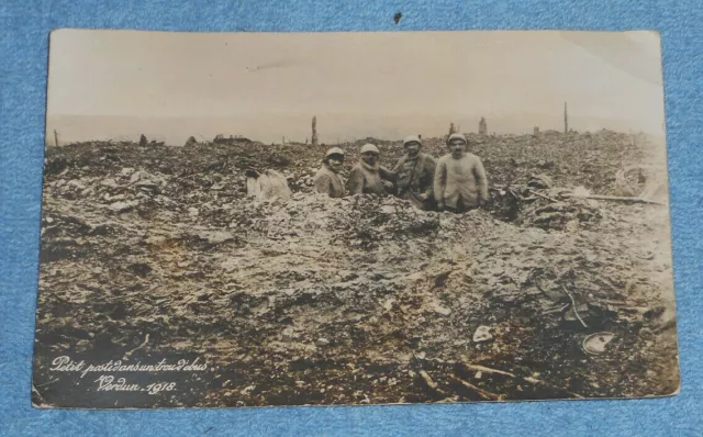 WWI Postcard Small Military Post In Artillery Shell Hole Verdun France 1918